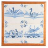 A set of four 18th Century delft tiles, depicting a rabbit, a dragonfly and two ducks, housed in a
