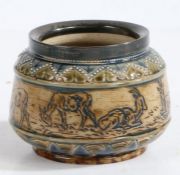 A Hannah Barlow for Doulton Lambeth vase, the silver collar Sheffield 1876, the body with central