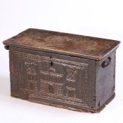 An early 17th century cypress-wood boarded chest, Spanish, of dove-tailed construction, having a