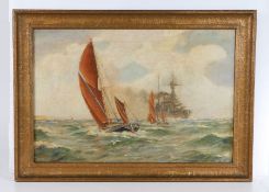 J. Lower, seascape with two sailing vessels and a Naval vessel to the rear, signed lower left and