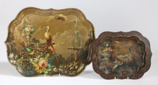 A Victorian lacquered tray polychrome decorated with exotic birds and foliage beside a fountain,