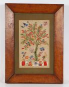 A Victorian feather picture depicting a tree with flowers, birds and butterflies, housed in a glazed