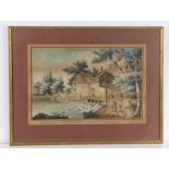 19th Century primitive watercolour, water mill with figure and horse to the foreground,