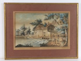 19th Century primitive watercolour, water mill with figure and horse to the foreground,