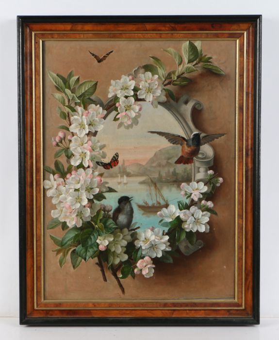 English School (19th Century) Birds and Insects with Garland of Flowers, Harbour Views both