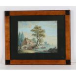 Attributed to Jane Feilberg, a 19th Century riverside scene with watermill and figure leading a