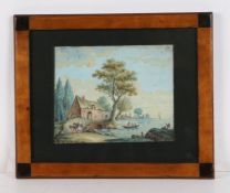 Attributed to Jane Feilberg, a 19th Century riverside scene with watermill and figure leading a