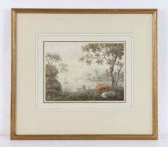 Attributed to John Henry Campbell, coastal scene with tower and sailing boats, horse and cart to the