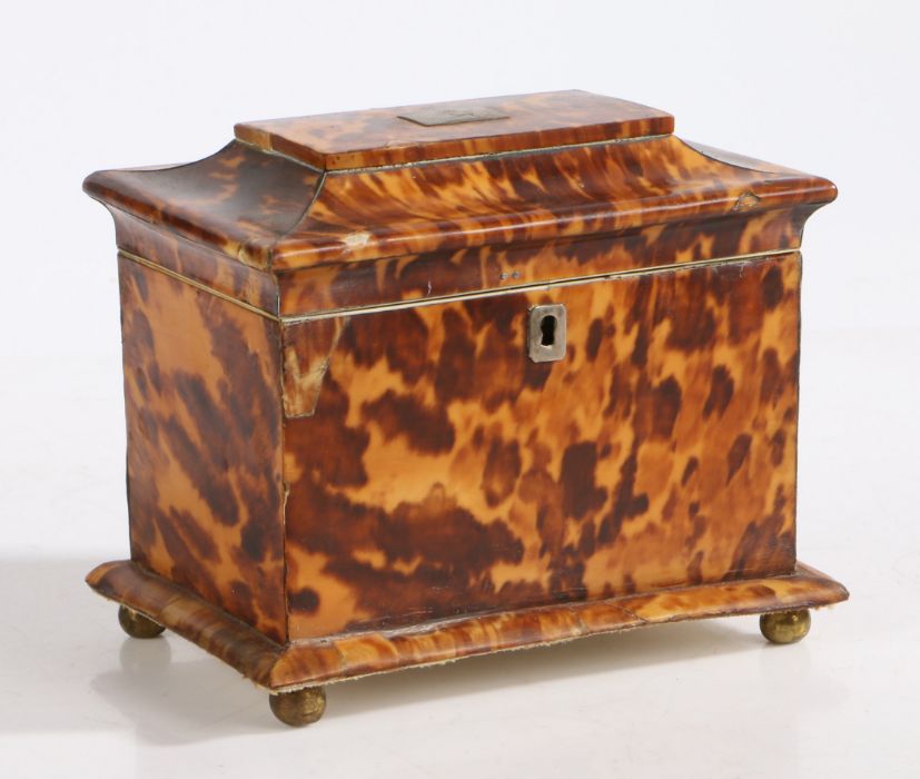 A Regency tortoiseshell tea caddy, the swept lid with rectangular cartouche engraved with a lion