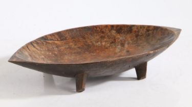 A Fijian Kava bowl, of oval form, raised on four chamfered legs, 40.5cm wide, 24cm deep, 7cm high