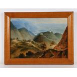 19th Century mountainous landscape scene, with distant hillside houses and figures on horseback to