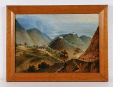 19th Century mountainous landscape scene, with distant hillside houses and figures on horseback to