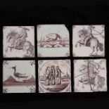 A collection of six delft manganese tiles, to include three depicting figures on horse back, a bird,