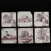 A collection of six delft manganese tiles, to include three depicting figures on horse back, a bird,