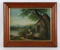 19th Century primitive scene, lady and her dog beside a thatched cottage, oil on board, housed in