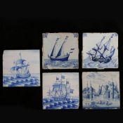 A collection of five 18th Century and later delft blue and white tiles, to include harbour scene