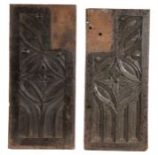 Four 17th Century carved oak panels, with scroll and stylised foliate engraved decoration, 23.5cm