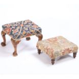 Two mahogany foot stools, the first in the George III taste with a stuff over top and shell capped