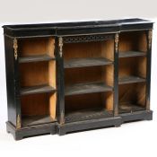 19th Century ebonised breakfront bookcase, the rectangular breakfront top with beaded edge above