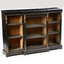 19th Century ebonised breakfront bookcase, the rectangular breakfront top with beaded edge above