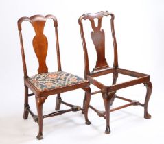 Two George I side chairs, the first with an undulating top rail above a vase splat and drop in