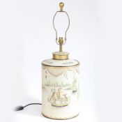 A 20th Century Chinese tea canister, now converted to a reading lamp, the body decorated with