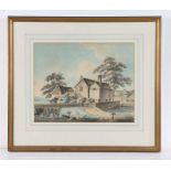 19th Century primitive watercolour, farmyard scene with cart and children playing on a see-saw