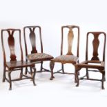 Four George I side chairs, with long vase splats to each, one inlaid example, raised on cabriole