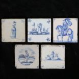 A collection of five 18th century and later delft blue and white tiles, to include figure on