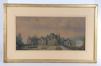 An early 20th Century depiction of a manor house with bell tower and orangery, watercolour and