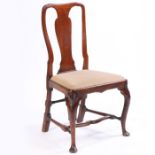 A George I red walnut chair side chair, the arched top rail above a vase splat and drop in seat