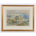 19th Century landscape scene depicting a Manor house in a valley, unsigned, housed in a glazed