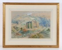 19th Century landscape scene depicting a Manor house in a valley, unsigned, housed in a glazed