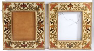 A pair of Arts & Crafts style picture frames, with foliate and scroll painted borders, retailers