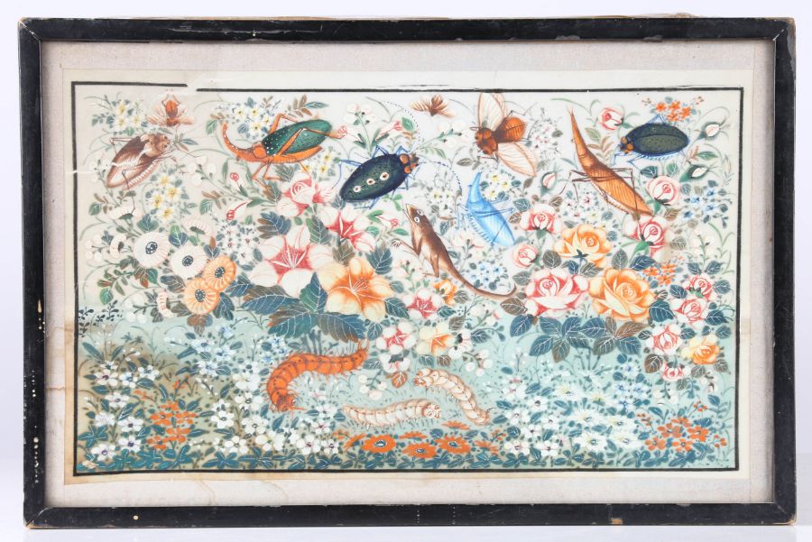 Chinese School (19th Century) Junks at Sea, Insects and Flowers group of six watercolours on rice