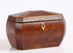 A George III burr walnut and boxwood strung tea caddy, the hinged lid opening to reveal two lidded