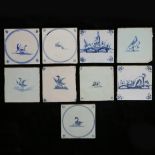 A collection of nine 18th Century and later delft tiles, all decorated with birds and stylised