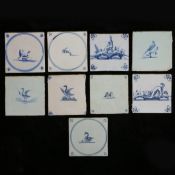 A collection of nine 18th Century and later delft tiles, all decorated with birds and stylised