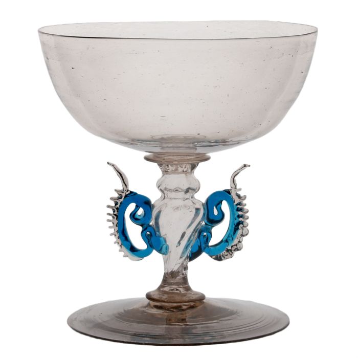 A 17th Century Facon de Venise wine coupe, circa 1670, probably Netherlands, with applied blue