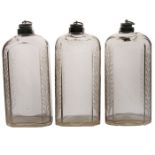 A set of three 18th Century Bohemian flasks, circa 1760, rectangular bodies with canted angles and