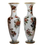 A pair of large 19th century continental glass vases, each with trumpet necks, with hand painted