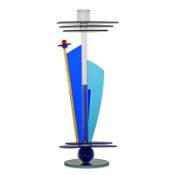 A post modernist Murano glass candlestick, circa 1985, architectural form with a blue stem and