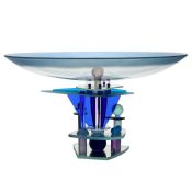 A post modernist Murano glass table centre piece, circa 1985, architectural form with a wide blue