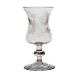 A 19th Century Jacobite revival glass, the bowl of waisted outline engraved Fiat and trailing roses,