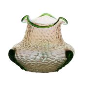 A Loetz formosa vase, circa 1902, with a green undulating rim and three applied twisted ribs, 11cm