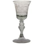 A finely engraved 18th Century Dutch wine glass, engraved 'het welvaaren van onze landerijen (the