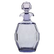 A mid 19th Century lilac blue decanter and stopper, with a double pouring spout and faceted body,
