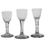 Three 18th Century facet stem wine glasses, circa 1780, with ovoid bowls and facet cut stems, 12cm