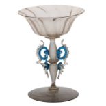 A 17th Century Facon de Venise wine coupe, circa 1680, the arched gadrooned bowl with applied blue