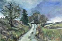 Christine Coe (British Contemporary) "Wades Lane" oil study, approx 80cm by 55cm We would like to